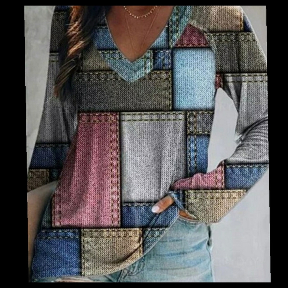 Casual Loose Color Block Print Long Sleeve T-shirt